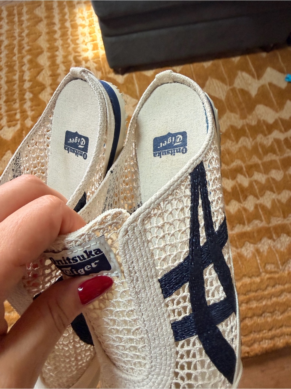 Onitsuka Tiger by Asics White Mesh Slip-On Mules with Navy Logo
